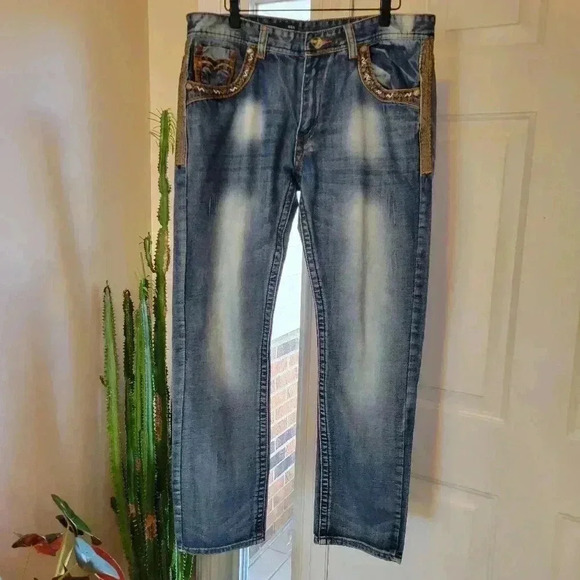 GS115 Embroydered‎ Western Cowboy 100% Cotton Jeans, Size 36×32 Line Dancing - Picture 1 of 12